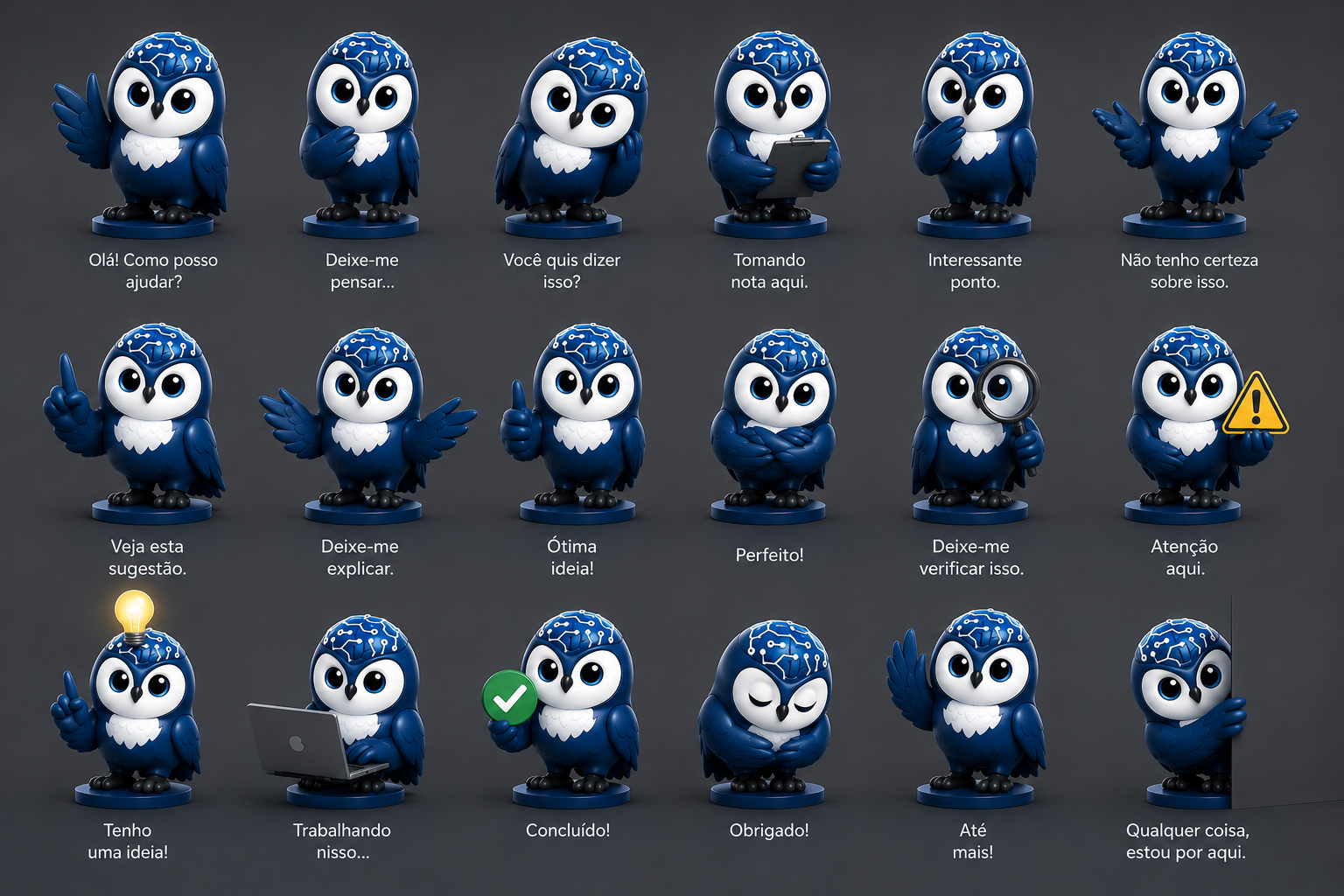 Folha com 18 poses de assistente da coruja
